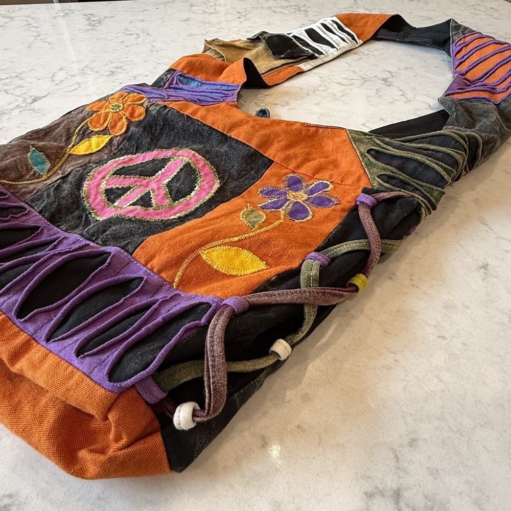 Patchwork Bag Peace Love Hippie Boho 100% Cotton Made in Nepal Zip-Close Festiva View 3